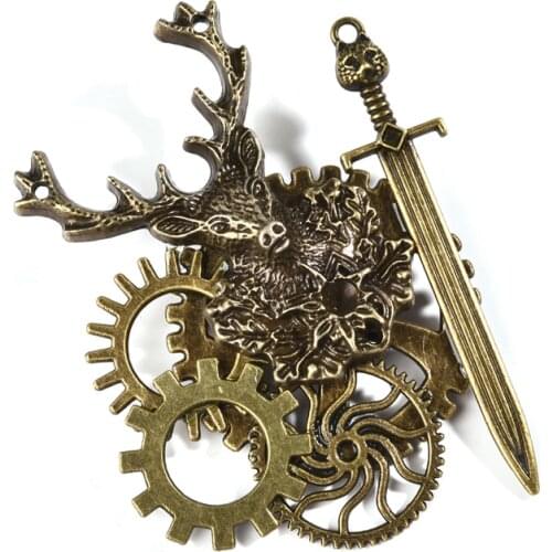 Steampunk Retro Clock Gear Bronze Deer Head Hair Clip Vintage Sword Hairpin Punk Gothic Brooch Hair Accessory