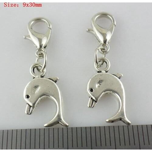 50pcs Tibetan Silver Dolphin Dangle Lobster Clasp Beads Charms Pendants 9x30mm Fit European Bracelets