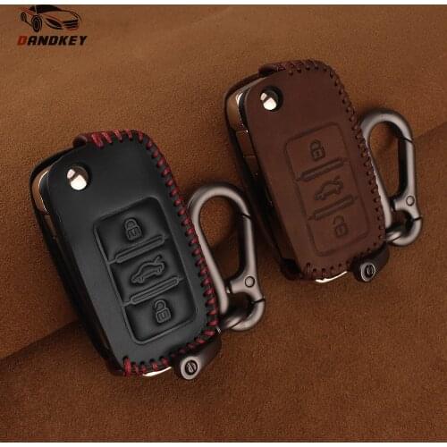 Dandkey 100% Leather Car Key Case Cover For Volkswagen VW Golf 7 GTI R MK7 Tiguan 2017 For Skoda Octavia A7 For Seat Leon Lbiza
