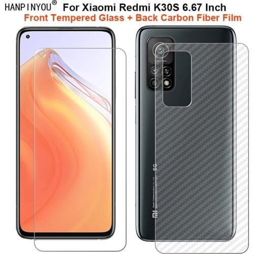 For Xiaomi Redmi K30S 6.67" 1 Set = Soft Back Carbon Fiber Film + Ultra Thin Tempered Glass Front Screen Protector