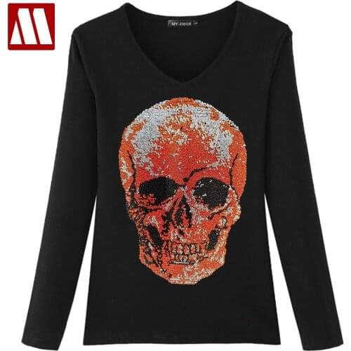 Hip Hop Rhinestone T Shirt Women Diamond Skull Streetwear Harajuku High Street Cotton Tshirt Lady Oversized Summer Black Tops