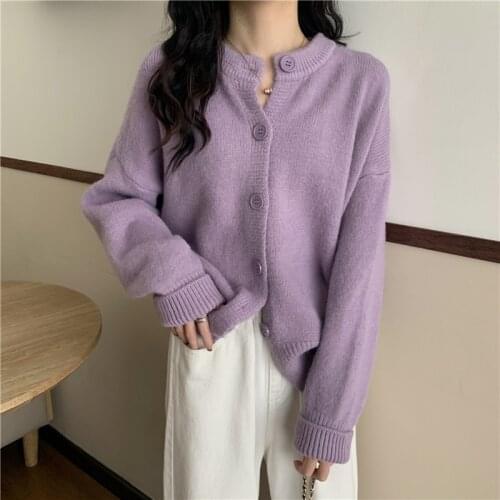 2021 Hot Sales Purple Women Cardigan Button Slim O-Neck Long Sleeve Knit Tops Woman Sweater Streetwear Chic Desiger Lady Ulzzang