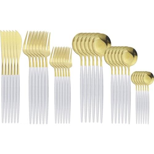 36Pcs White Gold Cutlery Sets Stainless Steel Flatware Tableware Set Dessert Salad Fork Knife Fork Spoon Dinnerware Sets Kitchen