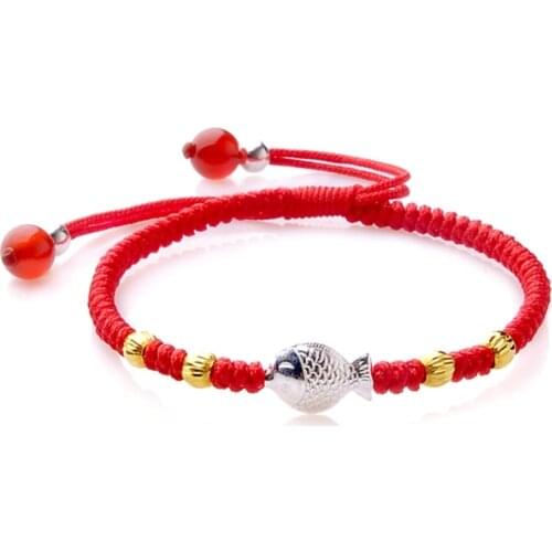 New Real 24k Yellow Gold Silver Fish Bead Chain Women Bead Knitted Bracelet Adjustable