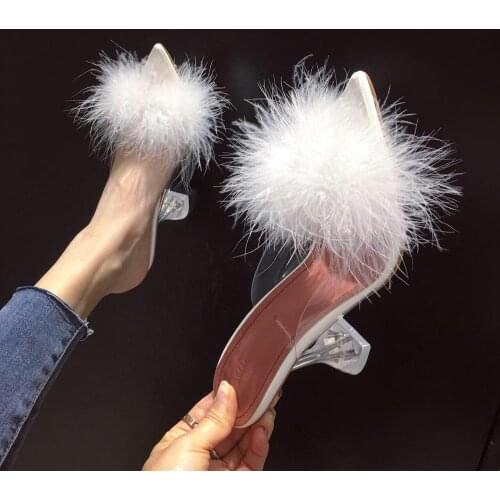 2020 Summer NEW Woman Pumps PVC Transparent Feather Perspex Crystal High Heels Fur Peep Toe Mules Slippers Ladies Slides Shoes
