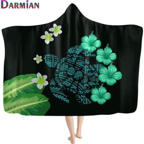 DARMIAN Polynesian Hibiscus Turtle Printed Hooded Blanket for Kids Adult Air Condition Soft Warm Flannel Sofa Nap Blankets manta