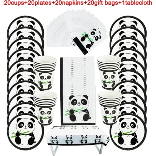 81Pcs Cartoon Panda Theme Disposable Tableware Kids Birthday Party Paper Plate+Cup+Napkin+Candy Gift Bags+Tablecloth Supplies