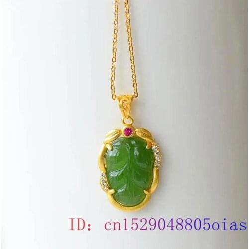 Green Jade Leaf Pendant Crystal Charm Chinese Fashion Gifts Gemstone Zircon Necklace Women Chalcedony 925 Silver Amulet Natural