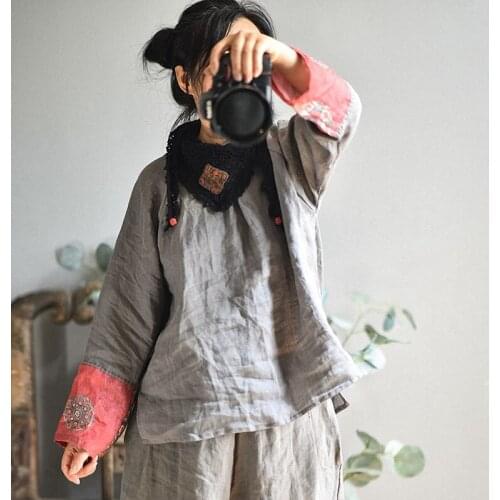 QPFJQD Ladies Loose Vintage Linen Ramie Blouse Tops Spliced Women 2021 Autumn Retro Irregular Length O Neck Shirts Patchwork