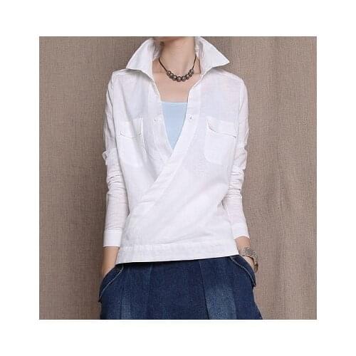 YLO STOCK2020 New Arrival Women Tops Turn-down collar Casual Style Vintage cotton Shirt Womens Clothing 18075