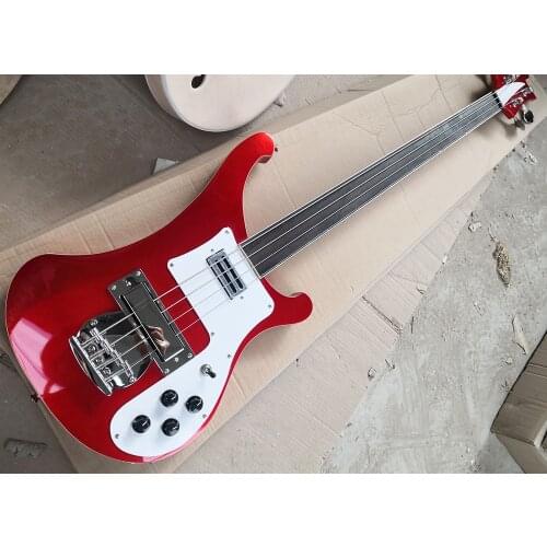 In Stock-4 Strings Fretless Metallic Red Electric Bass with Gold Binding,Rosewood Fretboard,Providing Customized Service