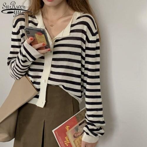 Spring New Loose Thin O-Neck Short Coat Female College Style Striped Cardigan Thin Tops Korean Knitted Wild Blouse Women 12896