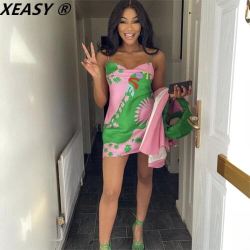 XEASY Za Women 2021 Pink Satin Dress Green Print Backless Summer Dresses Strap Mini Beach Ladies Dresses Vestidos Mujer