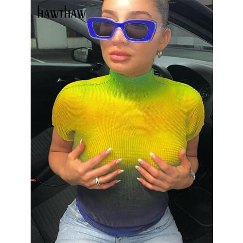 Hawthaw Women Fashion Summer Short Sleeve Gradient Turtleneck Slim Skinny Tops Tees T Shirt 2021 Female Clothing Streetwear