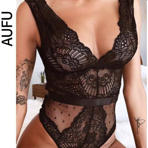 AUFU Summer Lace Women Floral Embroidery Deep V Neck Sexy Bodysuit Dot Patchwork Jumpsuit Overalls 2021 Femlae Body