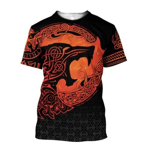 2021 Summer Mens T-shirt Fenrir Viking Wolf and Moon Tattoo 3D Printing Harajuku Casual Short Sleeve Top Loose Large Size