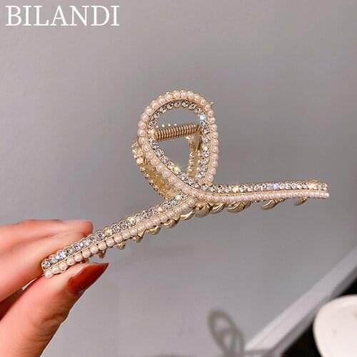 2021 New Fashion Hair Claw Clips Shiny Crystal Pearls Hollow Geometric Shark Hair Clip Headwear Accessories For Women Girls