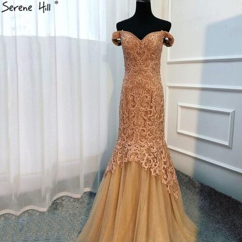 2020 Gold Mermaid Off Shoulder Evening Dresses Beading Sleeveless Sexy Fashion Long Evening Party Real Photo LA6621