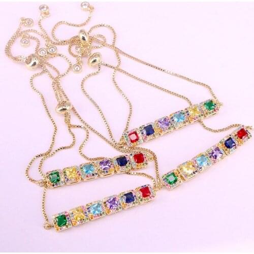6PCS, Fashion Rainbow Bracelet Slider Link Chain Charm Zirconia Micro Pave CZ Gold Tennis Bracelets