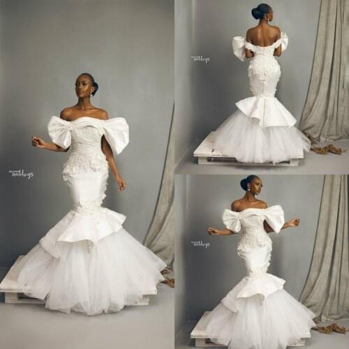 African Mermaid Wedding Dresses Off The Shoulder Lace 3D Floral Appliqued Country Wedding Dress Bridal Gowns Plus Size Robes De