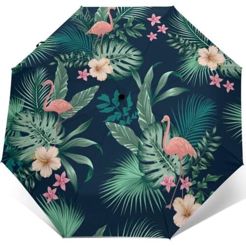Automatic Umbrella Tropical Lush Foliage Flowers And Flamingos three-fold umbrella women men rain umbrella