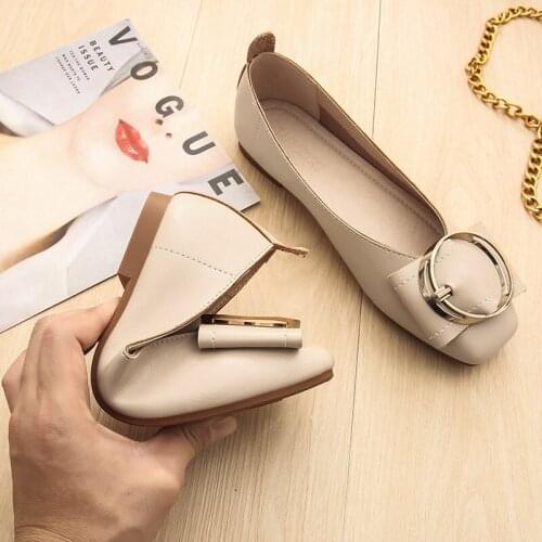 Genuine Leather Flats Shoes Woman Foable Ballets Metal Buckle Bow Flats Lady Fall Shoes Girl Ballerina Dress Moccasin Big Yards