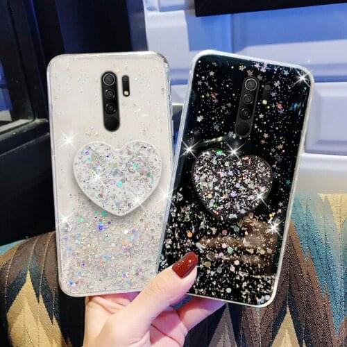 Glitter Heart Holder Case For Xiaomi Redmi 9 Cases Bling Star Soft Cover for Xiaomi Redmi 9A 9c Redmi9 Phone Covers Bumper Funda