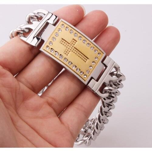 Cross Pattern ID Bracelets Male Stainless Steel Gold Color 23MM Metal Hand Chain ID Bracelet Bangle for Men Jewelry