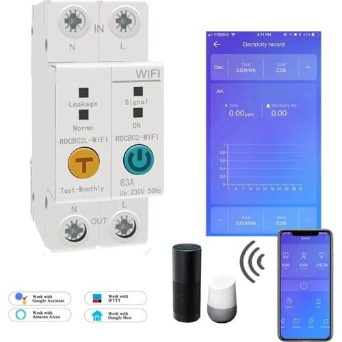EWelink Single phase Din rail WIFI Smart Energy Meter Leakage Protection Remote Read KWh Meter Wattmeter Voice Control Alexa