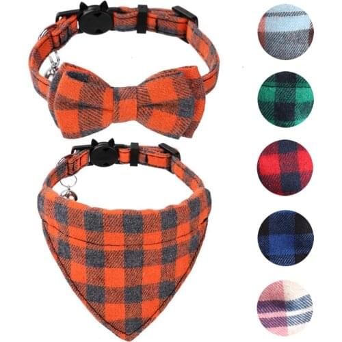 Cute Bowtie Cat Collar Breakaway with Bell Classic Plaid Safety Cat Bandana Collar Set for Kitty Puppy Adjustable 7.8-10.2"