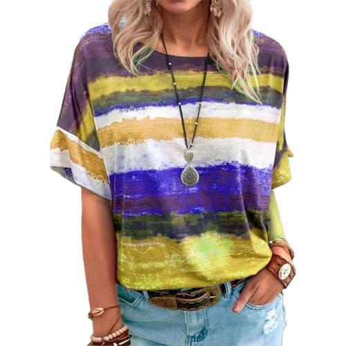Women T-shirt Fashion Casual Contrast Color Print Summer Loose Round Neck Short Sleeve T-shirt Party Tops Tees