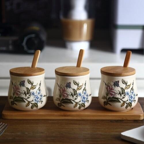 Flower Painted Canister Set Ceramic Spice Container Salt and Pepper Shakers Condiment Dispenser Kitchen Seasoning Organizer