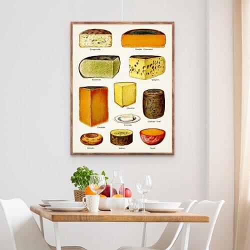 Kitchen Wall Decor Types Of Cheese Chart Poster Prints Cheese Vintage Wall Art Canvas Painting Picture Dining Room wall Decor