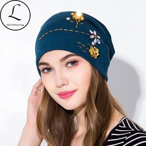 GZHILOVINGL 2018 New Autumn Winter Women Ladies Slouchy Skullies Beanies Girls Sequin Rhinestone Flower Casual Cotton Beanie Hat