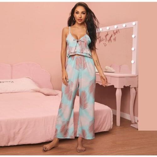 Tropical Print Pajamas Set Ruffle Hem Loungewear Satin Cami Top and Panty Tie Front Sleepwear Soft Home Suit