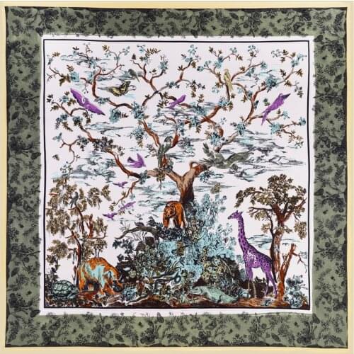 POBING 100% Silk Scarf Women Large Shawls Forest Print Stoles Square Scarves Bandana Big Kerchief Scarf Female Foulards 130CM