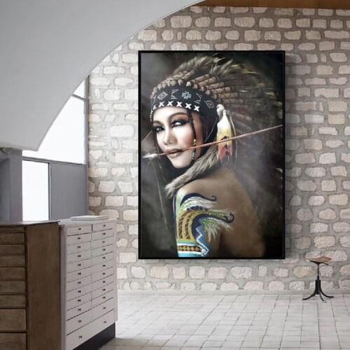 Portrait Canvas Art Wall Decor Pictures For Living Room Indian Woman Feathered Pride Canvas Painting Home Decor Printed Cuadros