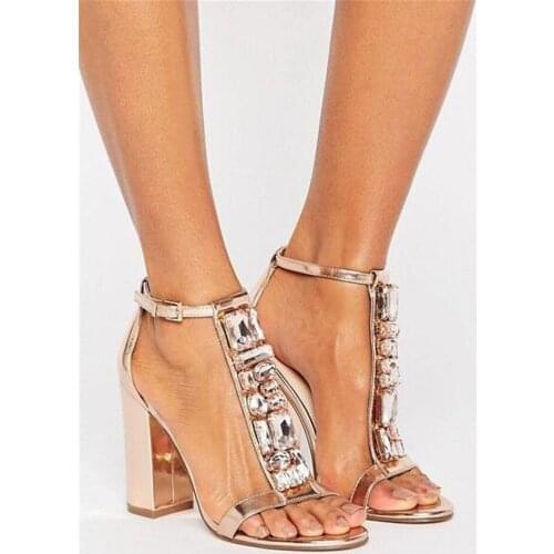 Sestito 2018 Female Shinning Crystal Chunky Heels Dress Wedding Shoes Woman Gold Open Toe T-strap Sandals Girl Cover Heels Shoes