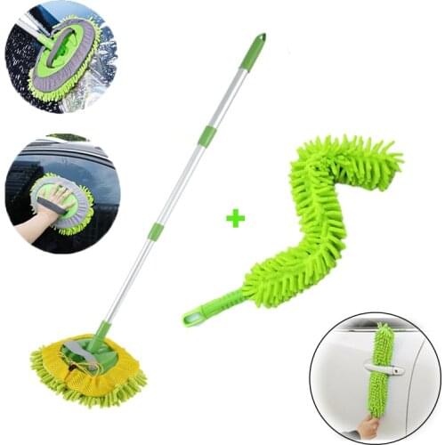 Car Wash Mop Chenille Microfiber Washing Mitt With Three section Telescoping Long Handle And Car Duster Brush Flexible Washable