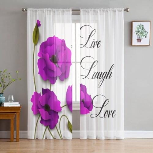 Purple Flower Poppy Flower Text Tulle Curtains for Living Room Decoration Modern Chiffon Sheer Voile Kitchen Curtain