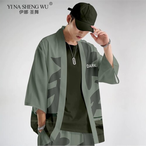 Japanese Panda Style Vintage Kimono Haori Pants Set Men Traditional Harajuku Samurai Cardigan Summer Costume Polyester Clothes