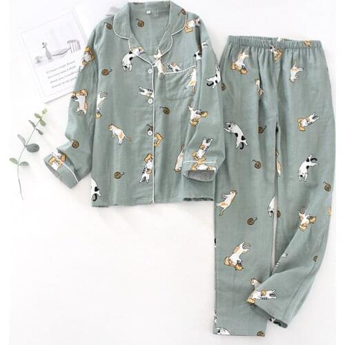 Japanese spring and autumn couples cotton gauze pajamas suit mens cotton four seasons long-sleeved trousers home service women