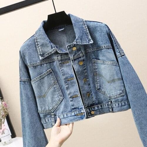 Women Jean Jackets 2021 Batwing Sleeve Korean Version Loose Spring Autumn New Long Sleeve Short Denim Blue Jacket HOWDFEO