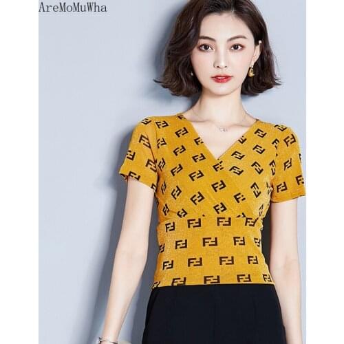AreMoMuWha 2019 New V-neck Short-sleeved Female Summer Mesh Printing Slim Slimming Short Section Waist Bottoming ShirtS-3XLMH233