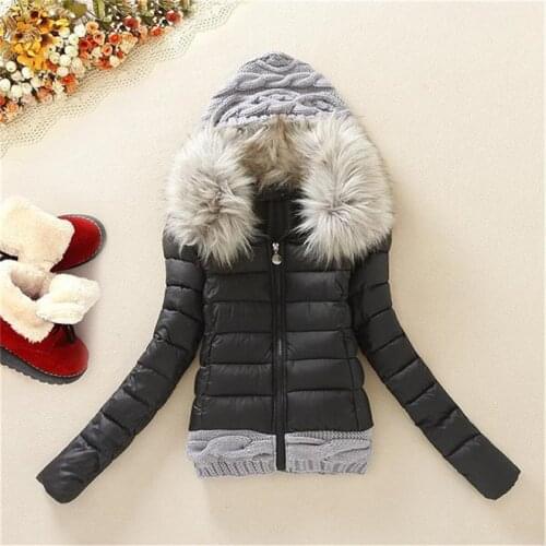 Autumn Women Jacket Coat Fashion Girls Short Winter Fur Collar Hooded Coat Warm Woolen Yarn Stitching Cotton Parkas Female