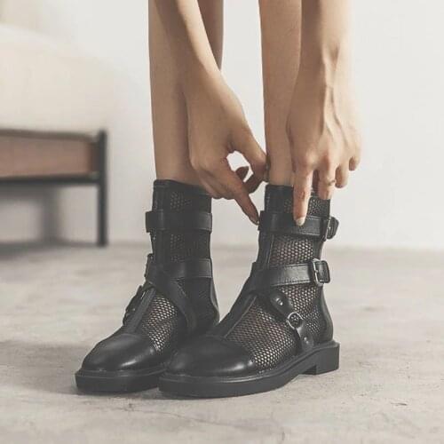 Goth Motorcycle Boots Women Fashion Punk Platform Flat Shoes Gothic PU Leather Buckle Zipper Mesh Hollow Out Ankle Boots Summer