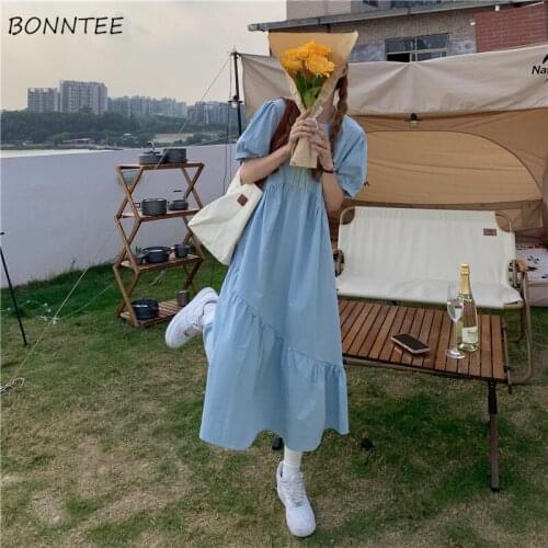 Short Sleeve Dresses Women Solid Preppy Style All-match Mid-Calf O-Neck Holiday Simple Leisure Fashion Teens Basic Baggy Vestido