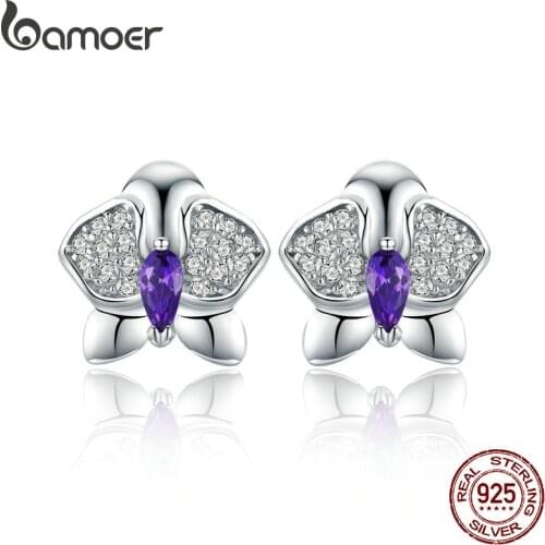 BAMOER Genuine 925 Sterling Silver Orchid Flower Clear CZ Zircon Stud Earrings for Women Engagement Jewelry Gift BSE036