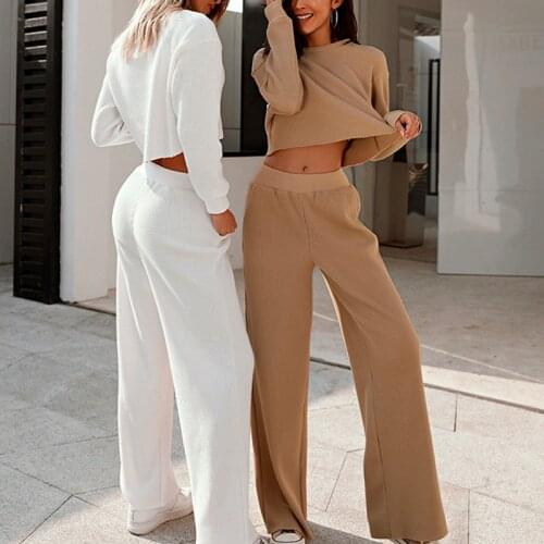 Women Elegant Two Piece Sets Loose Long Sleeve Cropped Top And High Waist Wide Leg Pant Suits Casual Solid Female Outfits