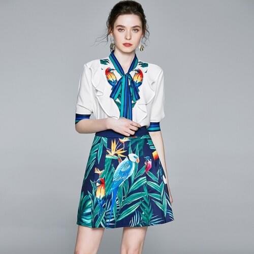 Fashion Runway Two Piece Set 2021Summer Women Striped Bow Collar Ruffles Chiffon Shirt Top Plant Birds Print Skirt Suit k6393